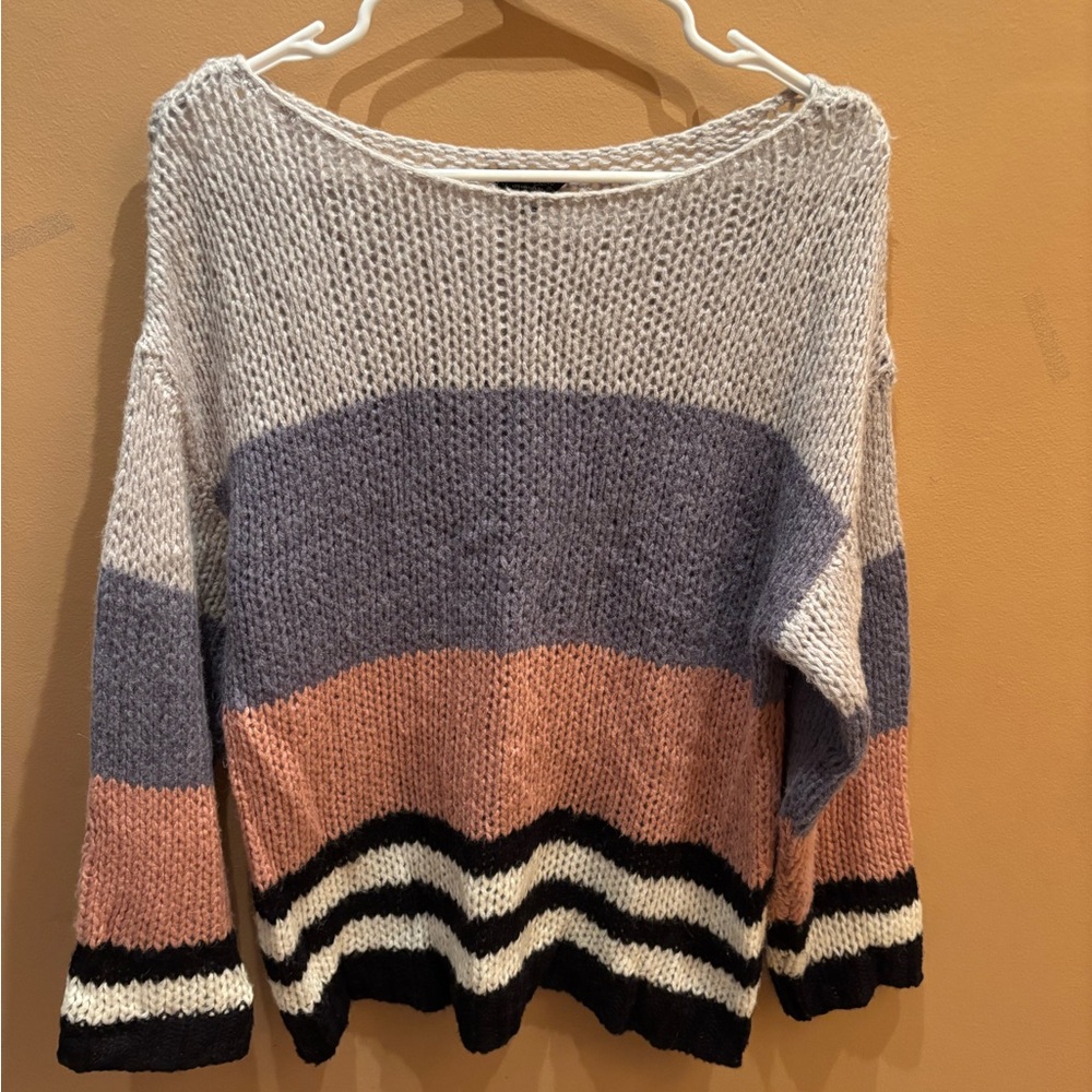 Lucky Brand Color Block Grey Peach Black Sweater Size Medium